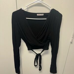 ROMWE Black Wrap Long Sleeve Blouse